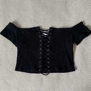 MENDOCINO - Ribbed Lace Up - Black Crop Top